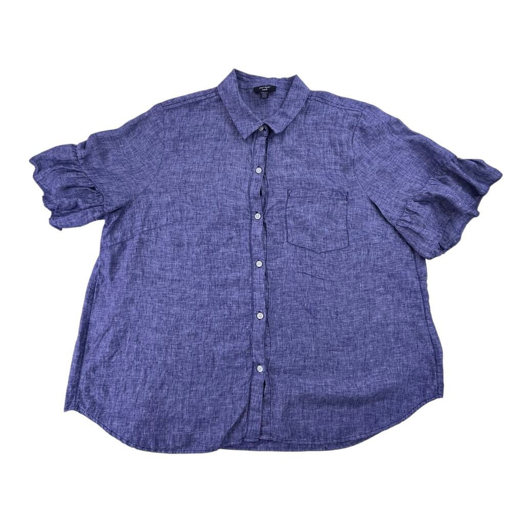 Lord + Taylor blue linen ruffle short sleeve button up blouse shirt, size 2X